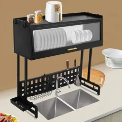 Diskställ & Torkställ-Diskställ - Över diskbänk torkställ - Utdragbar - Rosttålig - Mått 84,5×28×31 cm - Max belastning 100 kg - Kolstål och PP - Svart