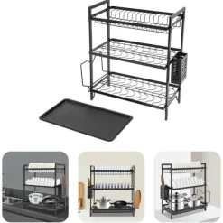 Diskställ & Torkställ-Diskställ för kök - 3-vånings diskställ - Järn - Droppbricka - Bestickhållare - Fristående - Svart