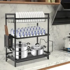 Diskställ & Torkställ-Diskställ för kök - 3-vånings diskställ - Järn - Droppbricka - Bestickhållare - Fristående - Svart