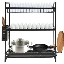 Diskställ & Torkställ-Diskställ för kök - 3-vånings diskställ - Järn - Droppbricka - Bestickhållare - Fristående - Svart