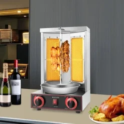 Döner Kebab/Shawarma Grill - Vertikal Gasgrill - Automatisk Rotation - 2 Brännare - Vredkontroll - Kommersiell - Silver