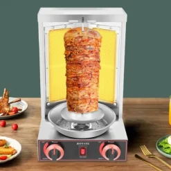 Döner Kebab/Shawarma Grill - Vertikal Gasgrill - Automatisk Rotation - 2 Brännare - Vredkontroll - Kommersiell - Silver