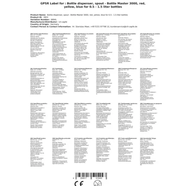 Flaskstopp & Flaskförslutare-Dosering Bottle Mästare 3000 röd, gul, blå för 0,5 - 1,5 liter flaskor, pip 2 cl, Färgflaskmästare 3000:gul