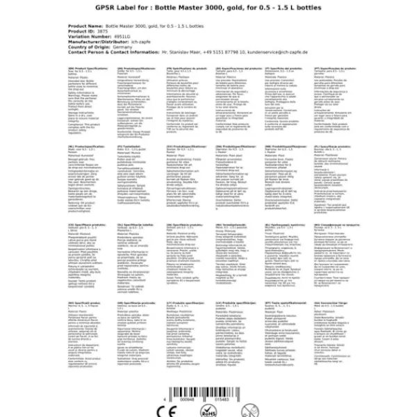 Flaskstopp & Flaskförslutare-Doserings Bottle Master 3000, för 0,5 - 1,5 liter flaskor, pip, guld, Serveringskvantitet:40 ml