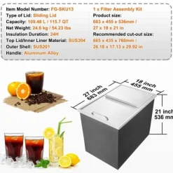 Ishink & Kylare-Drop-in Iskylare 27x18x21 tum, rostfritt stål med lock, hållbar design, perfekt för kylning av drycker, idealisk för fester och uteplatser