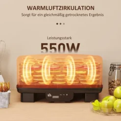 Torkugnar-Dörrautomat 550 W, 40–70°C, 6 höjdjusterbara brickor, 48 h timer, svart