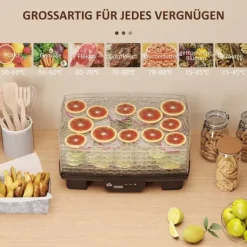 Torkugnar-Dörrautomat 550 W, 40–70°C, 6 höjdjusterbara brickor, 48 h timer, svart