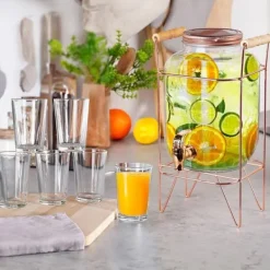 Dryckesautomater-Dryckesburk med kran och guldfärgat stativ 4,2 l + 12 glas 200 ml