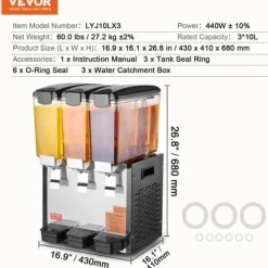 Dryckesdispenser, 3 behållare à 10 L, 43x41x68 cm, rostfritt stål