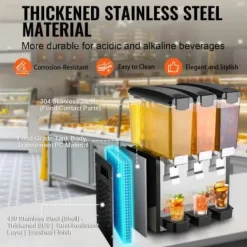 Dryckesdispenser, 3 behållare à 10 L, 43x41x68 cm, rostfritt stål