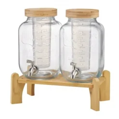 Dryckesdispenser, 2-pack glasjuicebehållare med träställ, 30x15x24,4 cm, transparent