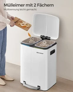 Soptunnor & Papperskorgar-Dubbel soptunna, 2 x 20 l kökssoptunna, trappstegsbehållare i metall med dubbla fack, innerhinkar i plast, lock med mjuk stängning och handtag, luktt | CDON