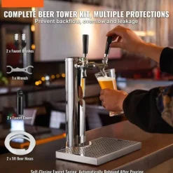 Dubbelkranar Fatölstornautomat, rostfritt stål, Kegerator Tower Kit med förmonterad slang och självstängande kran för fest och bar