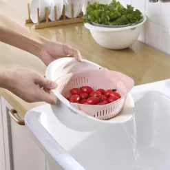 Dubbelskiktad Avloppskorg Frukt Grönsaker Tvätt Durkslag Köksredskap (Rosa)