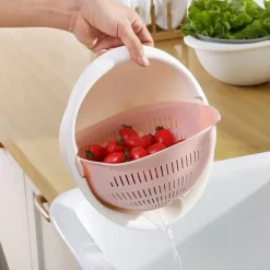 Dubbelskiktad Avloppskorg Frukt Grönsaker Tvätt Durkslag Köksredskap (Rosa)
