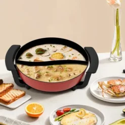 Elektrisk hotpot - Yin Yang shabu shabu gryta - 6 L - 30 cm - 1360 W - 2 fack - 5 temperaturlägen - Glaslock - Svart