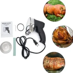 Elektrisk kebabskärare - Handhållen gyroskniv - 80 W Effekt - Justerbar skärtjocklek - Rostfritt stålblad - Bladslipare - Röd
