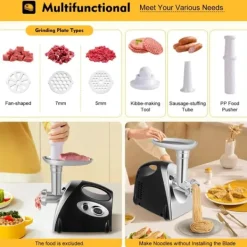 Elektrisk köttkvarn - Köttkvarn & korvstoppare - 800 W kopparmotor - 304 rostfritt stål - 220 V - EU-kontakt - 190 varv/min - Svart