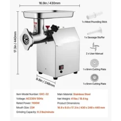 Matkvarnar-Elektrisk Köttkvarn, Kommersiell Modell, 9,2 Lbs/Min, Korvfyllare för Kök