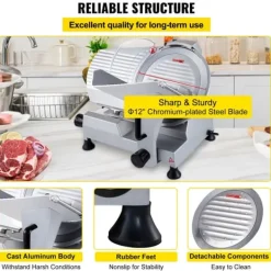 Elektrisk Matskärare, 30 cm Blad, 320W Effekt, 0-15mm Tjockleksjustering, 350-400 RPM Hastighet, Rostfritt Stål Bricka