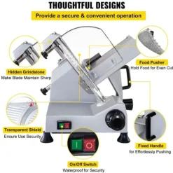 Elektrisk Matskärare, 30 cm Blad, 320W Effekt, 0-15mm Tjockleksjustering, 350-400 RPM Hastighet, Rostfritt Stål Bricka