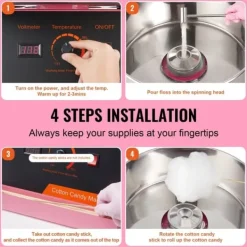 Elektrisk sockervaddsmaskin 1000 W, kommersiell godismaskin med lock, rostfri skål och sockerskopa, perfekt för evenemang