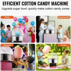 Elektrisk sockervaddsmaskin 1000 W, kommersiell godismaskin med lock, rostfri skål och sockerskopa, perfekt för evenemang