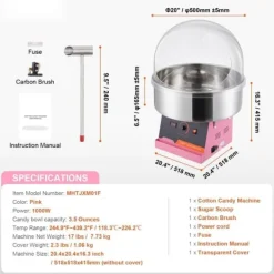Elektrisk sockervaddsmaskin 1000 W, kommersiell godismaskin med lock, rostfri skål och sockerskopa, perfekt för evenemang