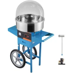 Elektrisk sockervaddsmaskin med vagn, 1 000 W kommersiell godismaskin med lock, rostfri skål, sockerskopa och låda, perfekt för evenemang