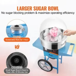 Elektrisk sockervaddsmaskin med vagn, 1 000 W kommersiell godismaskin med lock, rostfri skål, sockerskopa och låda, perfekt för evenemang