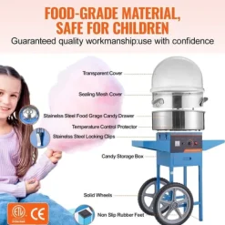 Elektrisk sockervaddsmaskin med vagn, 1 000 W kommersiell godismaskin med lock, rostfri skål, sockerskopa och låda, perfekt för evenemang