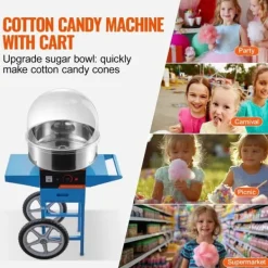 Elektrisk sockervaddsmaskin med vagn, 1 000 W kommersiell godismaskin med lock, rostfri skål, sockerskopa och låda, perfekt för evenemang