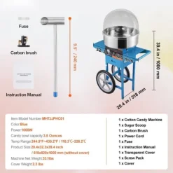 Elektrisk sockervaddsmaskin med vagn, 1 000 W kommersiell godismaskin med lock, rostfri skål, sockerskopa och låda, perfekt för evenemang
