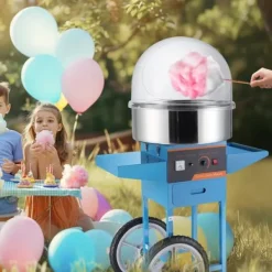 Elektrisk sockervaddsmaskin med vagn, 1 000 W kommersiell godismaskin med lock, rostfri skål, sockerskopa och låda, perfekt för evenemang