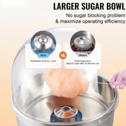Elektrisk sockervaddsmaskin 1000 W, kommersiell godismaskin med lock, rostfri skål, sockerskopa, perfekt för fest och evenemang