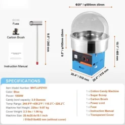 Elektrisk sockervaddsmaskin 1000 W, kommersiell godismaskin med lock, rostfri skål, sockerskopa, perfekt för fest och evenemang