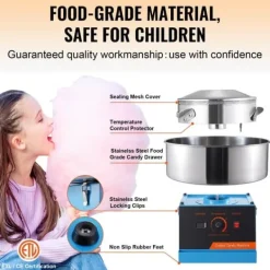 Elektrisk sockervaddsmaskin 1000 W, kommersiell godismaskin med rostfri skål och sockerskopa, perfekt för fester och evenemang