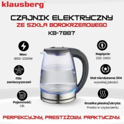 Vattenkokare-Elektrisk vattenkokare med temperaturkontroll, glas, 1,8L, KLAUSBERG KB-7887