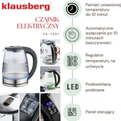 Vattenkokare-Elektrisk vattenkokare med temperaturkontroll, glas, 1,8L, KLAUSBERG KB-7887