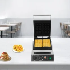 Elektriskt våffeljärn - Kommersiellt - Dubbelt, rektangulär form - 2000 W - Temperatur 50–300 °C - Timer 0–5 min - Gjutaluminium & rostfritt stål