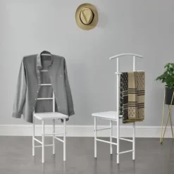 [en.casa] Kläd- & Garderobsförvaring-® Klädbetjänt Anaheim-107x45x45cm-pulverlackerad metall-MDF- Sitshöjd: 45 cm-vit