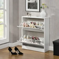 [en.casa] ® Skoskåp-63x24x81cm-2 fack-vit-plats för 12 par skor