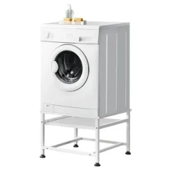 [en.casa] Tvättmaskiner-® Tvättmaskinstativ-Förhöjningssockel-med utdragbar hylla-63x54x41cm-pulverlackerat stål-vit-max.belastning:150kg