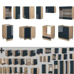 Fame-Line hörnkök, 160 x 190 cm, PT Ek, blank mörkblå/guld ek, Vicco