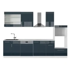 Fame-Line kök, 300 cm med högskåp, utan bänkskiva, blank mörkblå/vit, Vicco