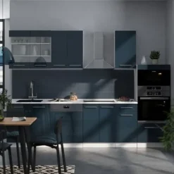 Fame-Line kök, 300 cm med högskåp, utan bänkskiva, blank mörkblå/vit, Vicco