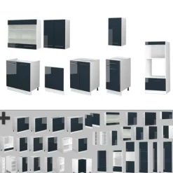 Fame-Line kök, 300 cm med högskåp, utan bänkskiva, blank mörkblå/vit, Vicco