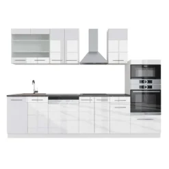 Monteringsfärdiga Kök & Pentryn-Fame-Line kök, 300 cm med högskåp, PT Antracit, blank vit/vit, Vicco