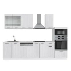 Monteringsfärdiga Kök & Pentryn-Fame-Line kök, 300 cm med högskåp, PT Marble, Country vit/vit, Vicco