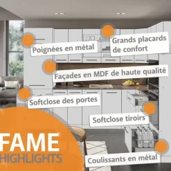 Monteringsfärdiga Kök & Pentryn-Fame-Line kök, 300 cm med högskåp, PT Marble, Bordeaux högglans/vit, Vicco